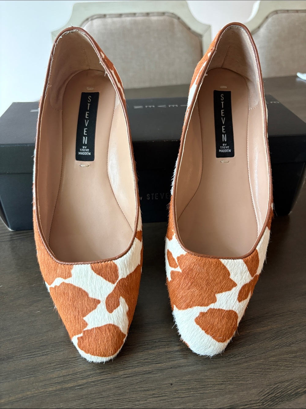 Steve Madden Cowhide-Print Pointed Flats in Brown and White